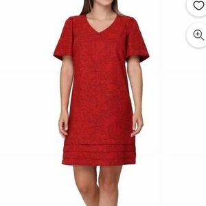 Nicole Miller Original Shift Dress Women L Red Floral Linen Blend V-Neck
